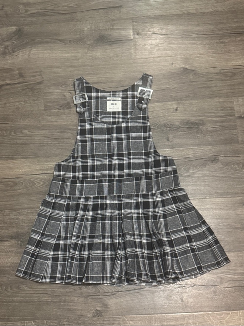 Anna Sui Black & Gray Plaid Midi Pinafore Dress
